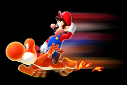 Artwork of Mario riding Dash Yoshi.