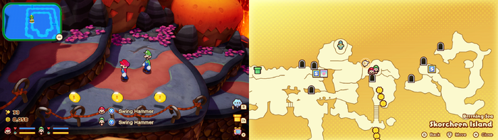 Mario and Luigi near 3 Coins on Skorcheen Island of Mario & Luigi: Brothership.