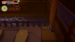 Mario standing near two vases containing 10-Coin and Big Bag of Confetti in Temple of Shrooms of The Origami King.