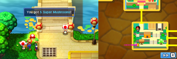 Mario and Luigi getting 5 Super Mushrooms from PR Toad in Toad Town of Mario & Luigi: Bowser's Inside Story + Bowser Jr.'s Journey.