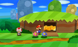 Mario near a cave containing Coins in Warm Fuzzy Plains of Paper Mario: Sticker Star.