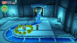 Mario standing near a reward for completing the 2x2 sliding puzzle in Water Vellumental Shrine of The Origami King.