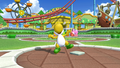 A Yellow Yoshi is happy for helping its team score in Mario Super Sluggers.