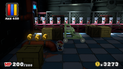 Mario near 3 Coins in Black Bowser's Castle of Paper Mario: Color Splash.