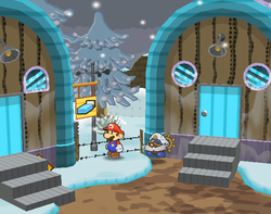 Mario near the Inn Coupon in Fahr Outpost of Paper Mario: The Thousand-Year Door.