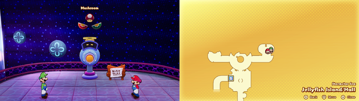 Mario and Luigi being given a Mushroom by the Concordia Hammer-Rally machine on Jellyfish Island of Mario & Luigi: Brothership.