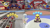 Pink Shy Guy using a Boomerang Flower to attack Wario in Battle Mode