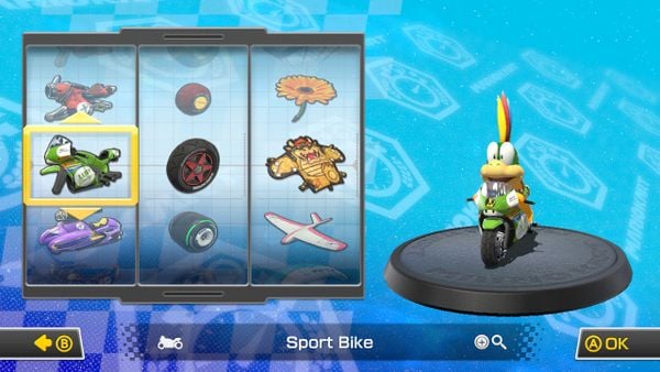 The vehicle customization screen of Mario Kart 8.