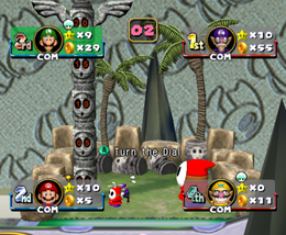 Waluigi under the effects of the Mini Mushroom winds up a toy Fly Guy as part of How High, Fly Guy? in Shy Guy's Jungle Jam.