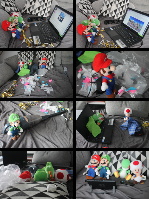 Eight photographs are shown in comic format, arranged left to right, top to bottom. In the first, Mario Luigi, Yoshi, and Toad are at the Awards party and viewing the Awards Ceremony on a laptop. The second shows them seeing the Awards ceremony has ended. The third shows what's happening after the Awards ceremony, showing there is garbage strewn around. The same panel shows Mario with a bag, Luigi with a vacuum cleaner (not made by E. Gadd), and Yoshi and Toad with microfibre cloths for cleaning up after the ceremony. The fourth shows Mario throwing the garbage into the bag. The fifth shows Luigi, with his vacuum cleaner, sucking up the trash (and not ghosts). In the sixth, Yoshi uses his microfibre cloth to clean the laptop and Toad uses his microfibre cloth to clean the Switch 2. The seventh panel shows Mario, Luigi, Yoshi, and Toad are finished cleaning as they all look over the cleaned room. In the eighth and final image, all of them are playing on the Switch 2 as a reward for their work.