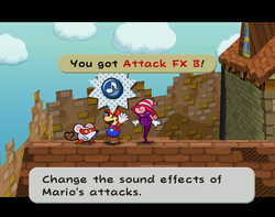 Mario getting the Attack FX B badge from Ms. Mowz in Rogueport of Paper Mario: The Thousand-Year Door.