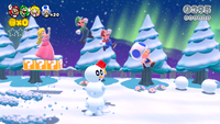 Screenshot of the playable characters and a Snow Pokey in Snowball Park in Super Mario 3D World; there are no mountains in the background as in the final game