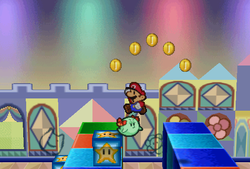Mario finding 5 Coins above the fourth jack-in-a-box in Shy Guy's Toy Box of Paper Mario.
