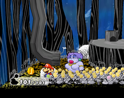 Mario getting a Coin from a bush in The Great Tree of Paper Mario: The Thousand-Year Door.