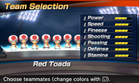 Red Toads' stats in the soccer portion of Mario Sports Superstars
