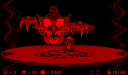 Screenshot of Demon Head performing his claw attack, from Virtual Boy Wario Land.