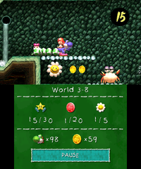 Smiley Flower 2: Beneath the Egg Plant, where Blue Yoshi needs to avoid or defeat the Clawdaddy below to safely retrieve it.