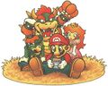 Mario playing the Game Boy, with Luigi, Peach, and Bowser watching