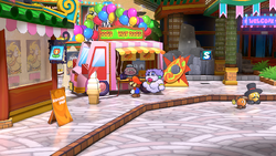 Mario in front of the Hot Dog truck in Glitzville of Paper Mario: The Thousand-Year Door for Nintendo Switch.