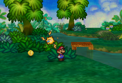 Mario finding a Coin from a bush in Jade Jungle of Paper Mario.