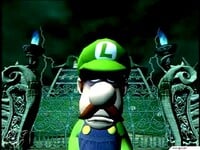 A screenshot of Luigi from the ending of the Spaceworld 2000 trailer for Luigi's Mansion.