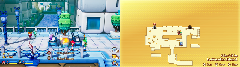 Mario and Luigi near a Sprite Bulb Nest on Lottacoins Island of Mario & Luigi: Brothership.