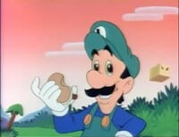 Luigi eating a burger with eggs in King Scoopa Koopa.