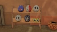 Various masks (Shy Guys, Snifit, Swoop, and Phanto) at Shy Guy Bazaar in Mario Kart World