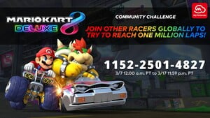 Promotional banner for the My Nintendo Mario Kart 8 Deluxe Community Challenge. Pictured is the tournament's code alongside a render of Mario and Bowser overlaid on a view of Urchin Underpass.