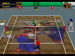 Mario lobs a ball over Luigi in the game Mario Tennis (Nintendo 64).