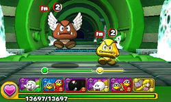 Screenshot of a Gold Goomba sighting in World 8-3, from Puzzle & Dragons: Super Mario Bros. Edition.