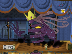 Close up of Shadow Queen in her battle against Mario and his partners in the Palace of Shadow