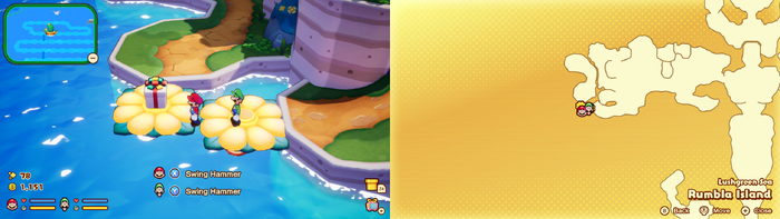 Mario and Luigi near a present containing a Nut on Rumbla Island of Mario & Luigi: Brothership.