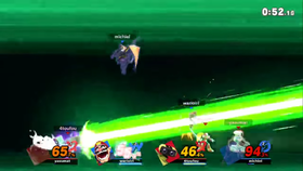Screenshot of R.O.B's Final Smash, Guided Robo Beam, from Super Smash Bros. Ultimate