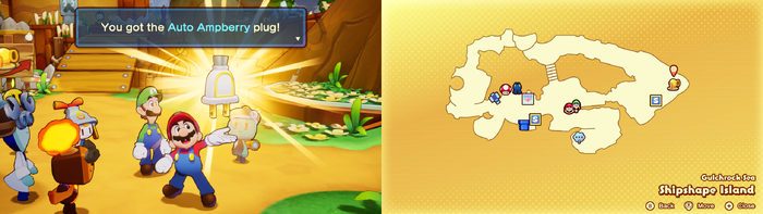 Mario being given the Auto-Ampberry Battle Plug by Dr. Vulko on Shipshape Island of Mario & Luigi: Brothership.