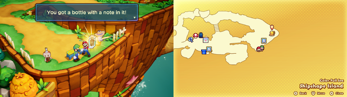 Mario fishing out a Bottle With a Note In It on Shipshape Island of Mario & Luigi: Brothership.