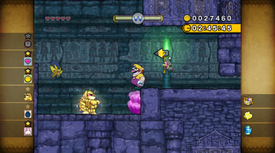 Wario near the golden enemy of Disturbing Tomb