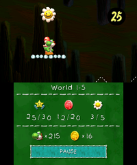 Smiley Flower 4: Inside a hidden Winged Cloud above a platform. As Yoshi traverses two moving lifts from the location of the third Smiley Flower, he can jump off a lift moving counterclockwise on a closed circuit and reach the platform with the Winged Cloud.