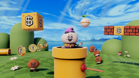 A screenshot of the trailer for Accounting+, showing the character Harold Jenkins in a world inspired by the Super Mario franchise.