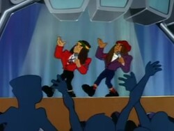 Milli Vanilli "singing" "Blame It on the Rain" (Or in later airings, singing nothing while "Mega Move" plays)