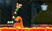 Yellow Yoshi in an area with a Blargg