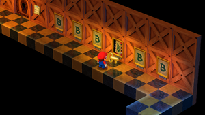 Mario finding the Elder Key in the portrait hallway of the Booster Tower of Super Mario RPG.