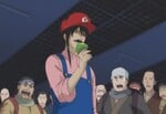 Katsura eating a green mushroom as Mario