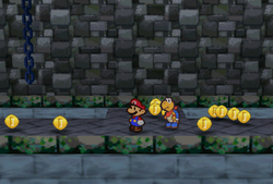 Mario finding 10 Coins after jumping over the first firebar in Koopa Bros. Fortress of Paper Mario.