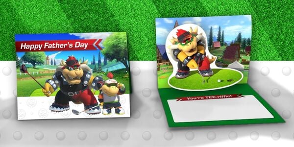 Banner of a Mario Golf: Super Rush-themed Father's Day card featuring a Bowser pop-up