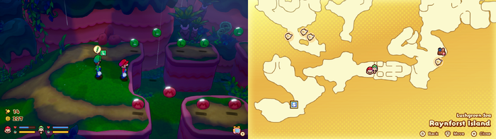 Mario and Luigi near 13 L Coins and 13 M Coins on Raynforst Island of Mario & Luigi: Brothership.