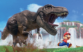 Artwork of Mario running from a T-Rex in a Cascade Kingdom