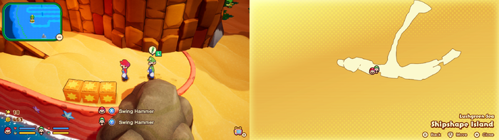 Mario and Luigi near wooden crates containing a Refreshing Herb on Shipshape Island of Mario & Luigi: Brothership.