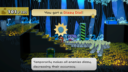 Mario getting a Dizzy Dial from behind the stairs in The Great Tree of Paper Mario: The Thousand-Year Door for Nintendo Switch.