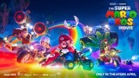Poster featuring the main characters driving on Rainbow Road
